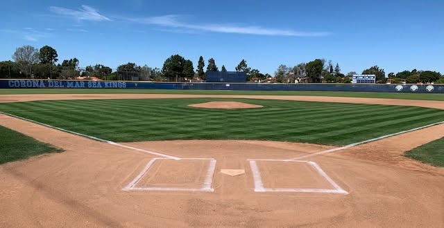 Home plate view of the Corona del Mar Baseball field